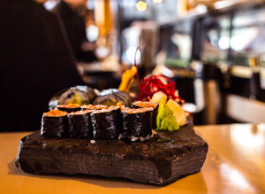 A sushi platter on a rock at Kuma Yama Sushi at the Lake Louise ski resort.